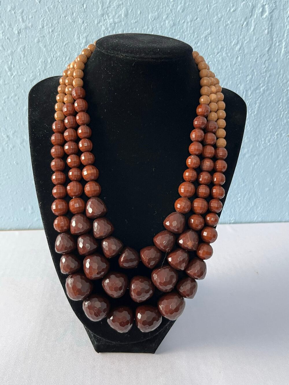 Chunky Multi Strand Brown Ombré Beaded Necklace Multi Faceted Beads Bib Boho